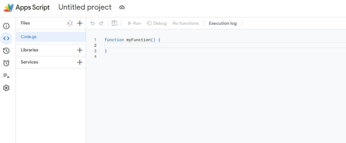 Google Apps Script editor showing default Code.gs with empty myFunction placeholder before pasting the PartLogic script