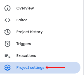 Google Apps Script left sidebar with Project settings selected