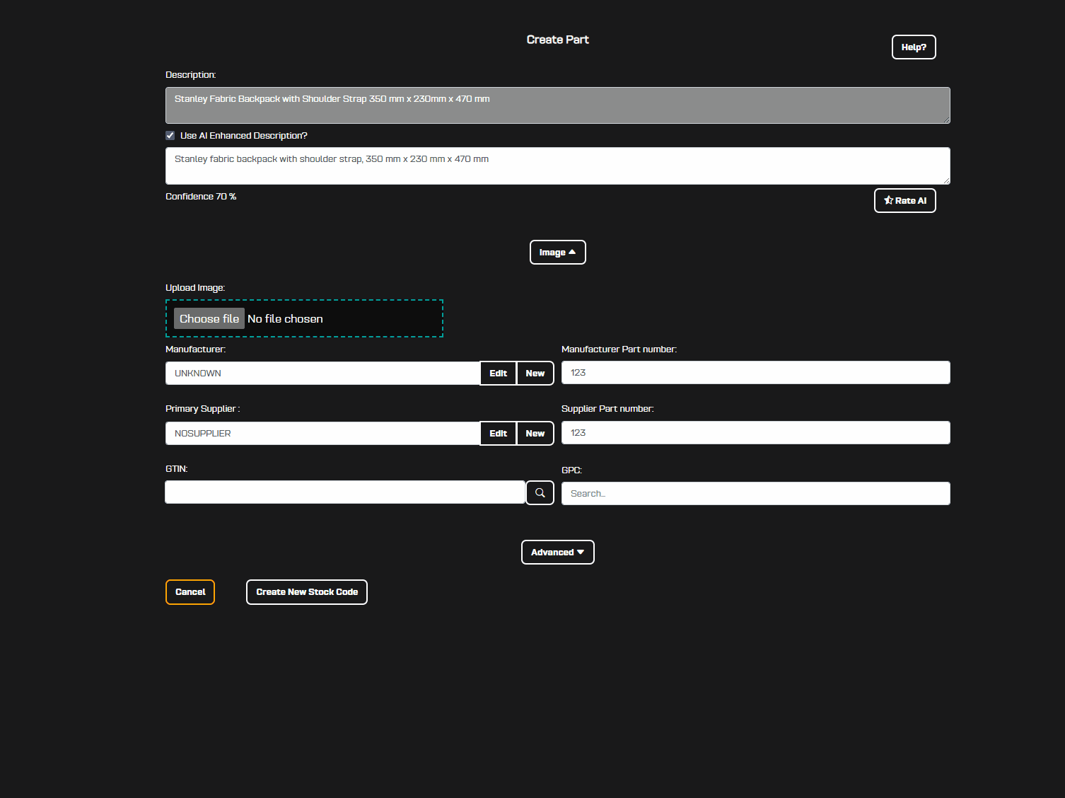 Animated demo: searching for a GPC category and selecting from a filtered dropdown