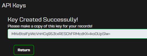 PartLogic portal: Key created successfully with example API key string and Return button