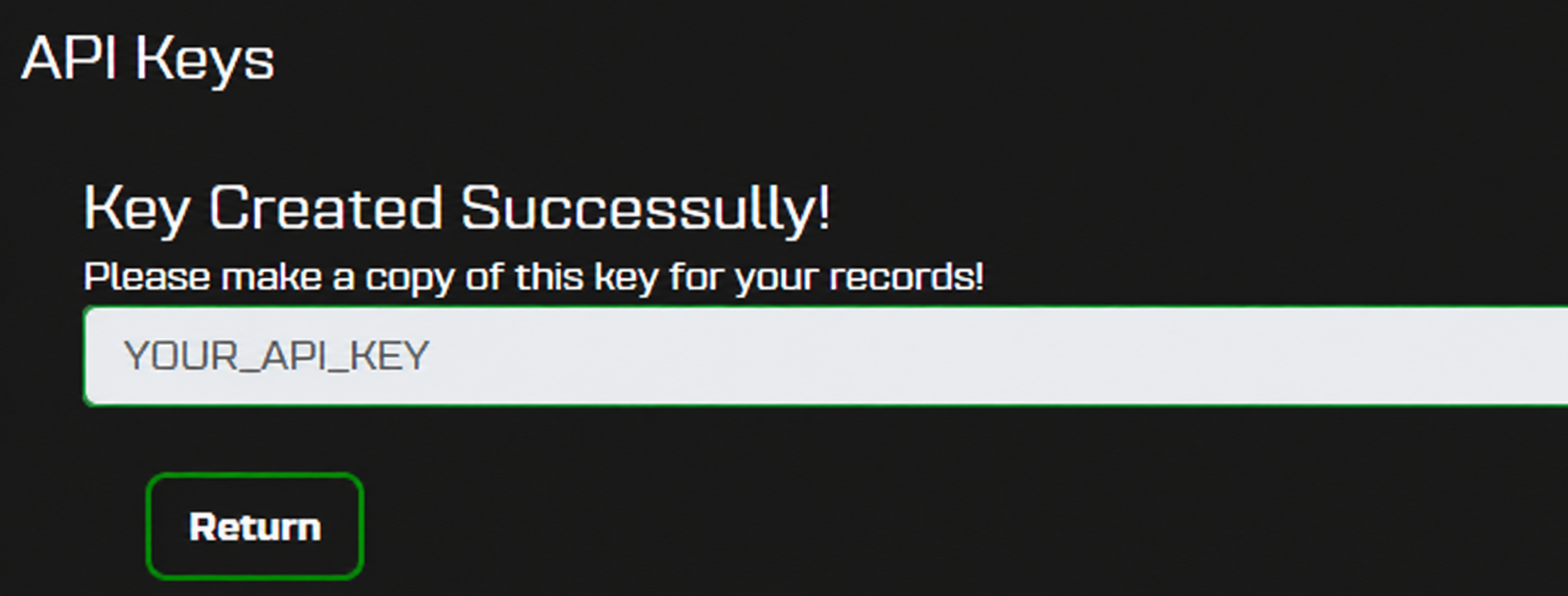 Key-created screen with YOUR_API_KEY placeholder