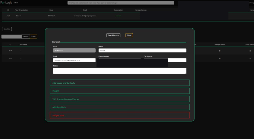 Edit site detail General panel with Code, Name, Email, Phone, Fax, Notes and Save Changes