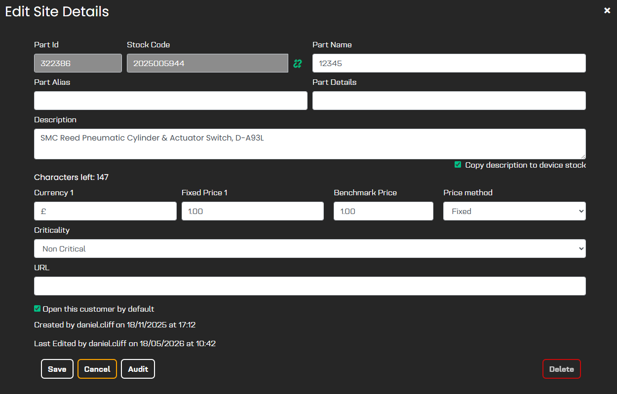 Edit Site Details dialog showing Part Id, Stock Code, Part Name, Part Alias, description, and site-level pricing fields