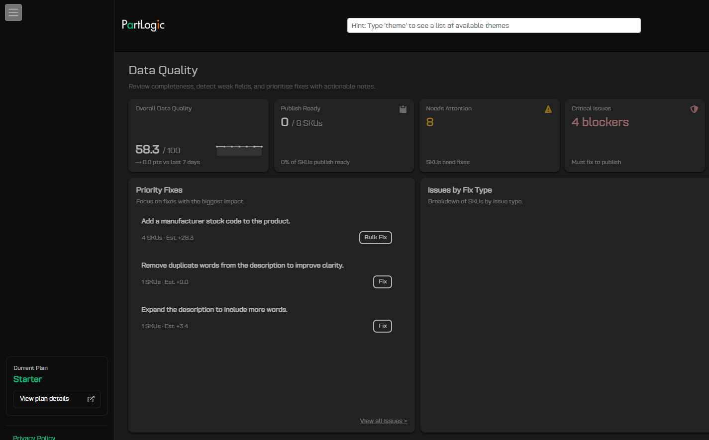 Data Quality dashboard with overall score, priority fixes, and Bulk Fix actions