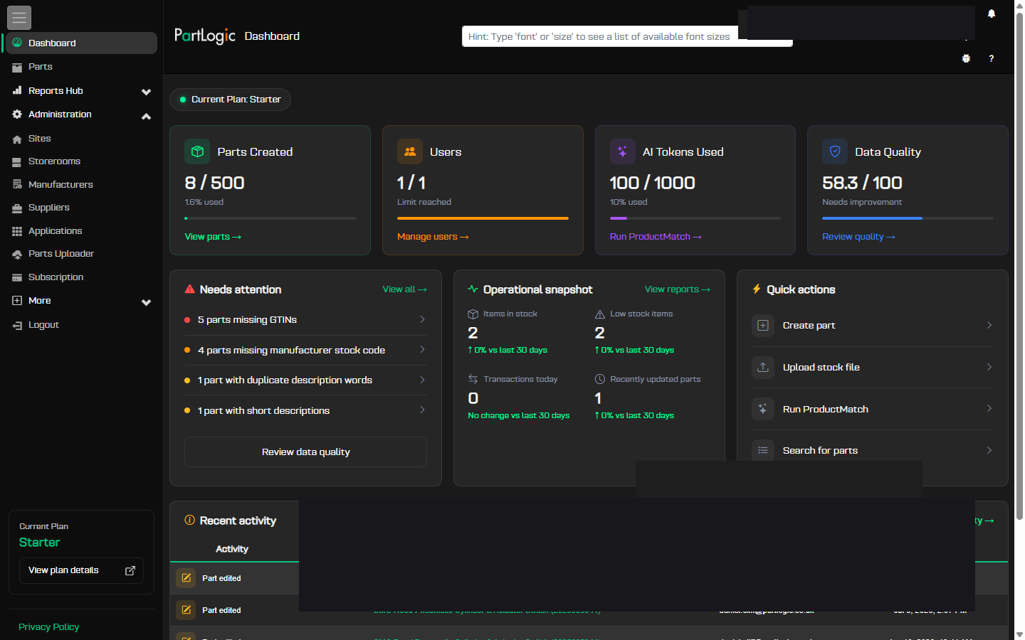 PartLogic Dashboard with plan usage cards, needs attention list, and quick actions
