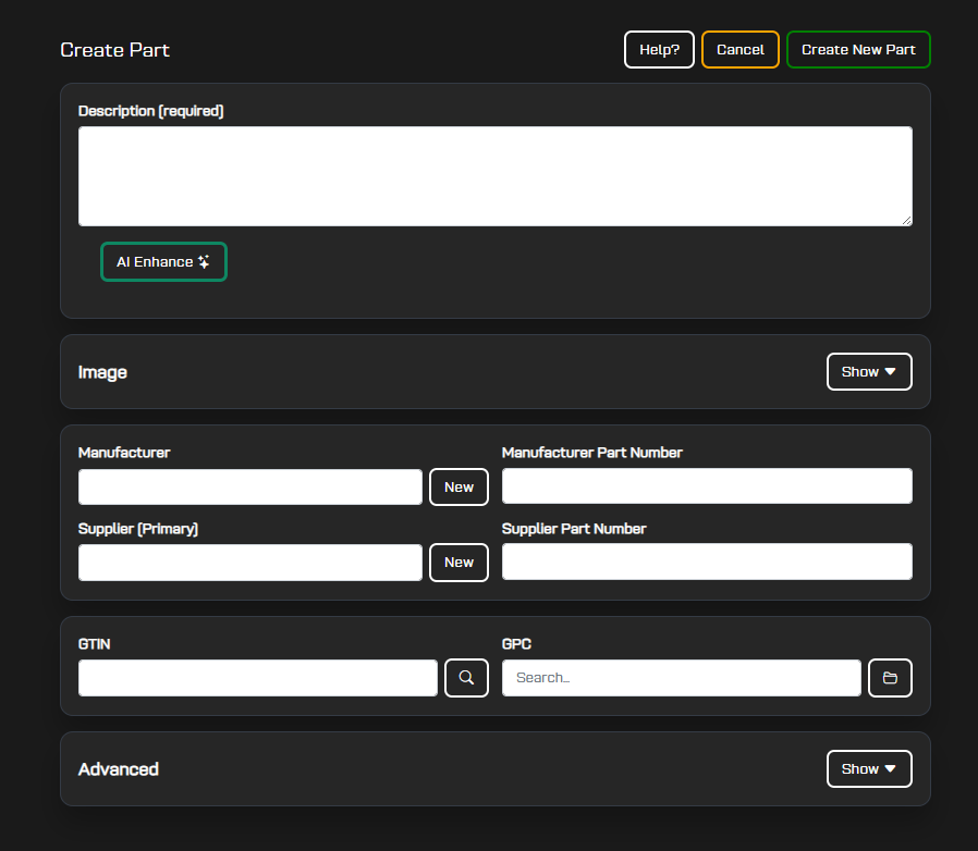 Create part form with description, manufacturer, supplier, and GTIN fields
