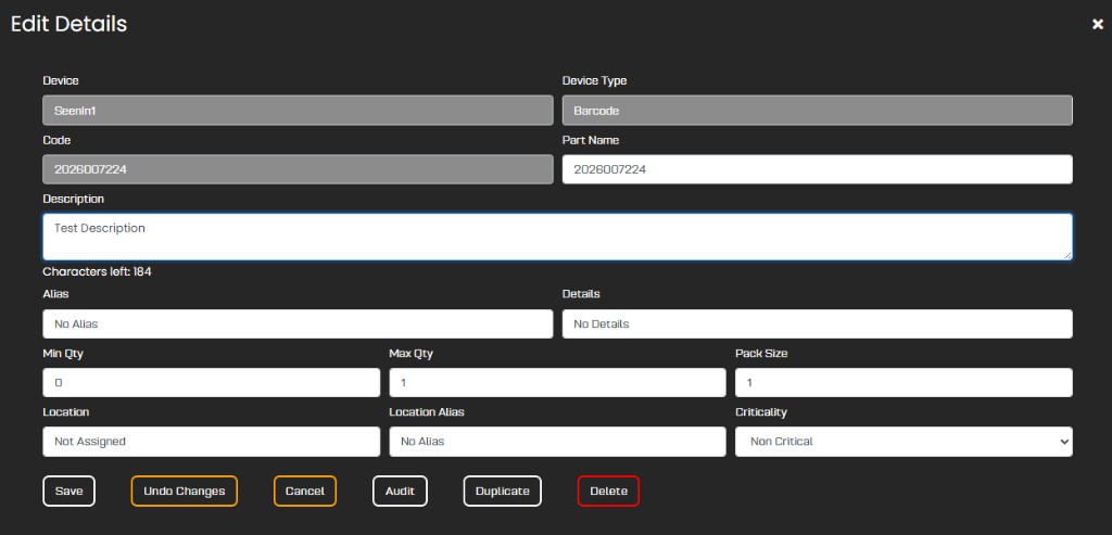 Device or storeroom edit fields with location and quantities