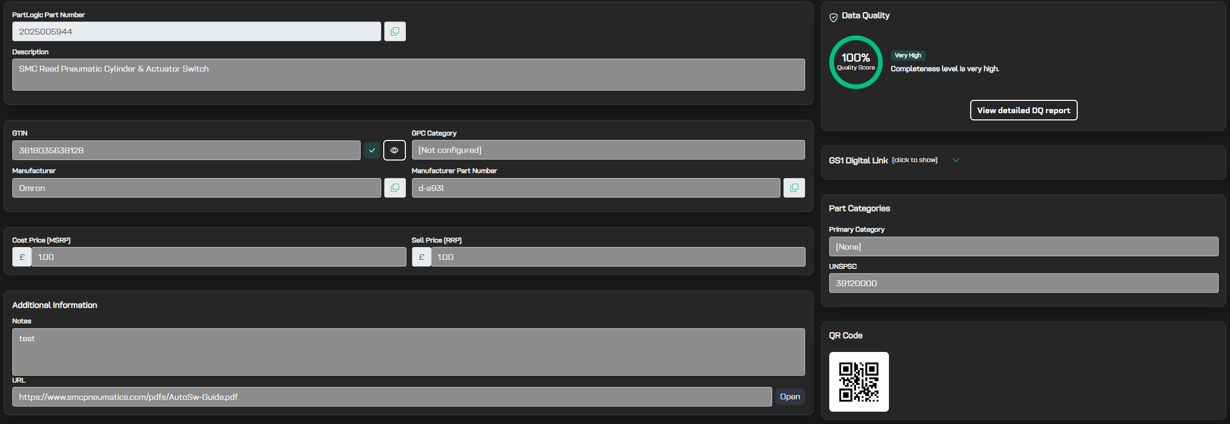 Master Product fields including part number, GTIN, manufacturer, and categories