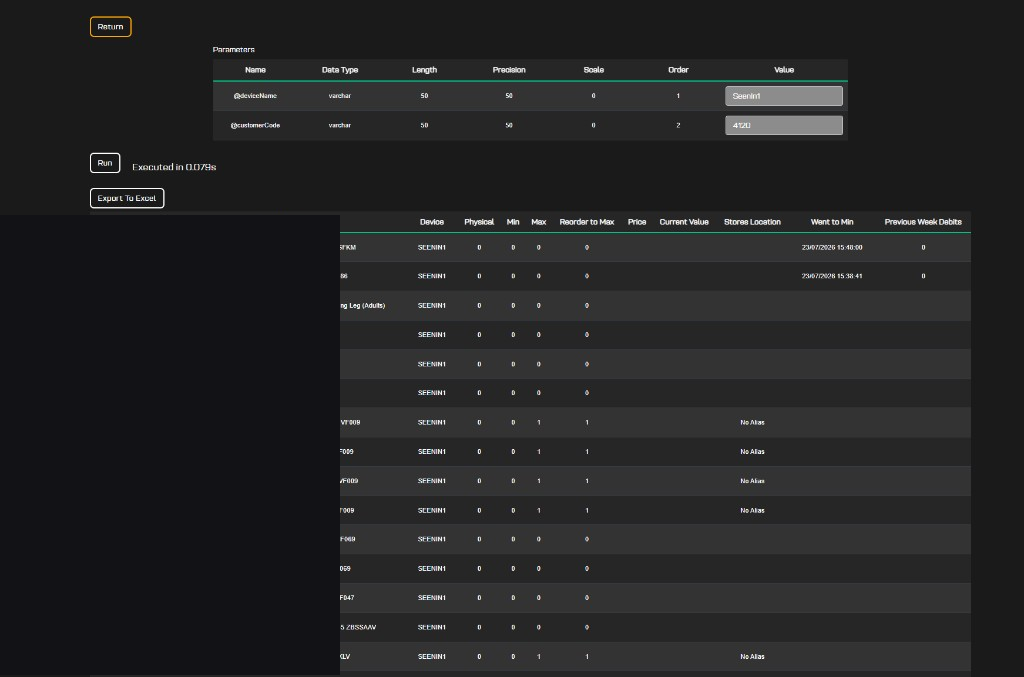 Reorder report with parameters and results table