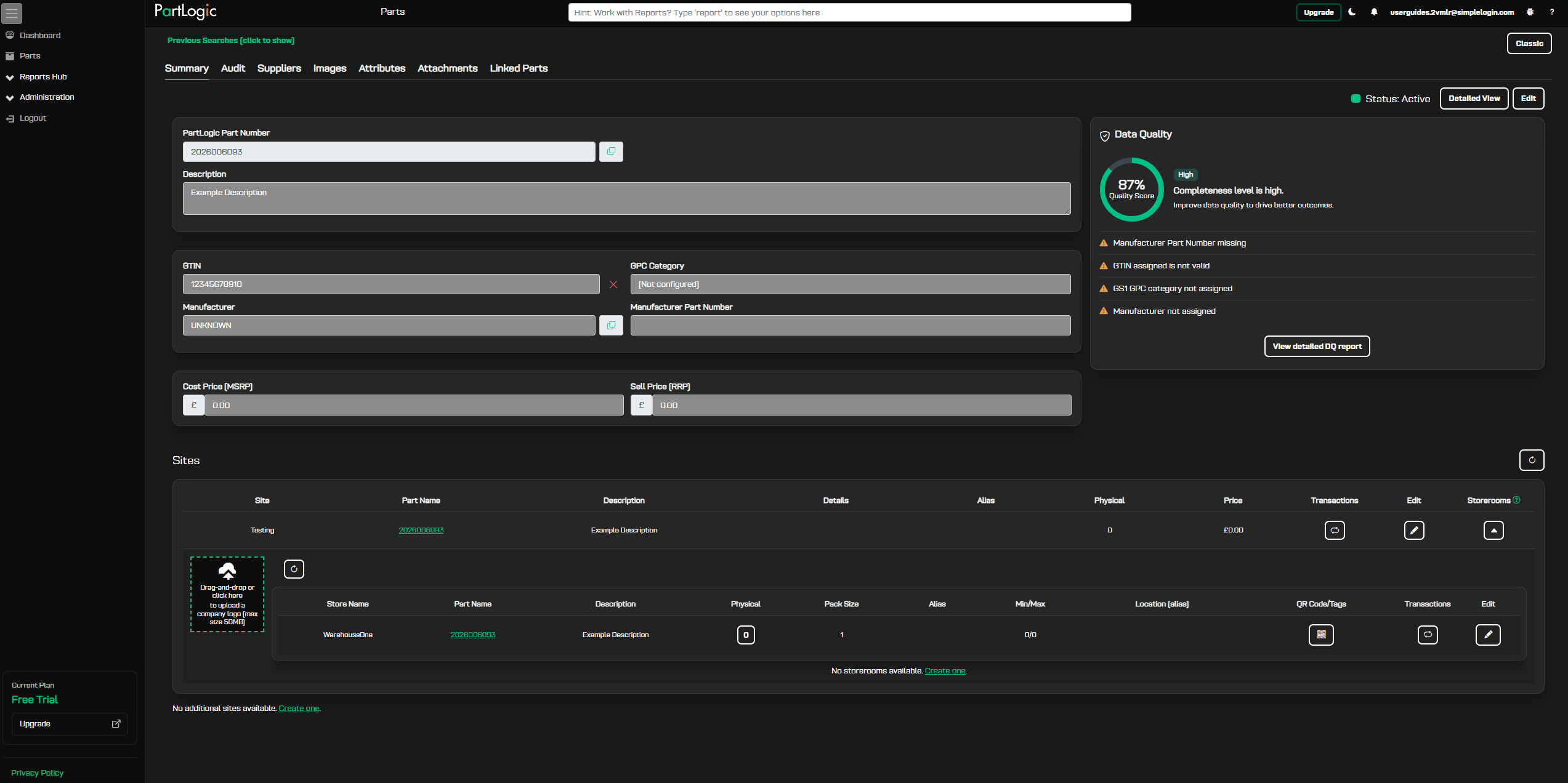 PartLogic portal showing a created example part record